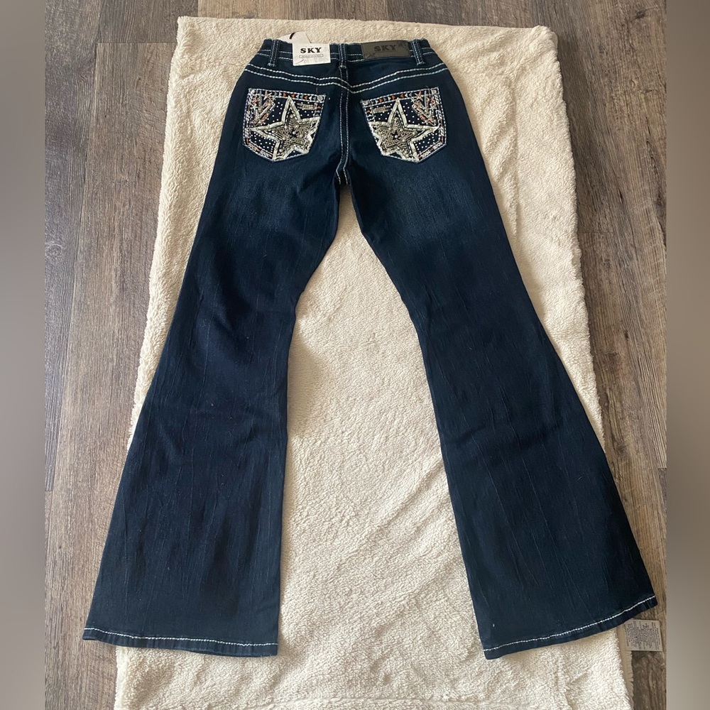 Sky Women's Navy Flare Jeans with Star Details